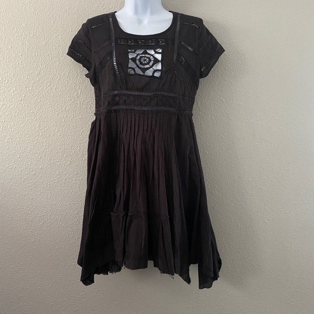 Free People Black Crochet Mini Dress Small Whimsigoth Witchy Dark Feminine Boho